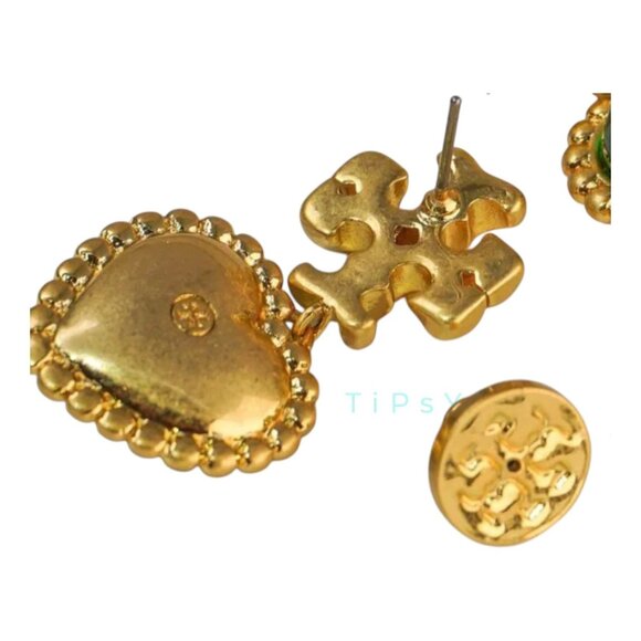 Tory Burch Emerald Green and Gold Roxanne Heart Drop Earrings - Picture 3 of 4